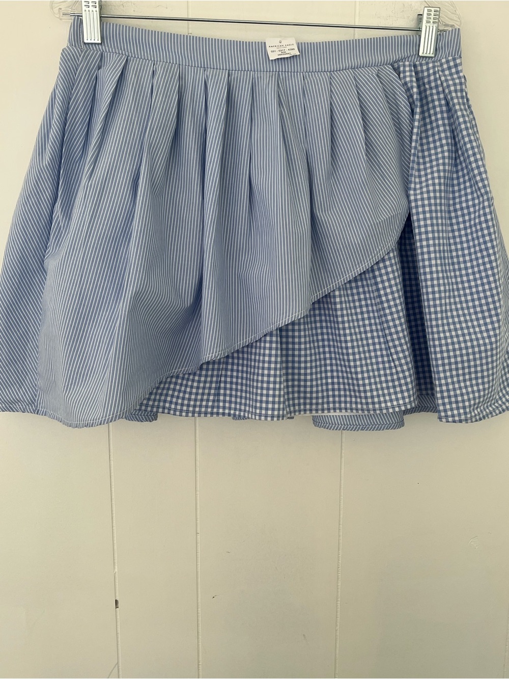 NEW American Eagle Asymmetrical Blue Striped & Gingham Layered Mini Skirt Large
